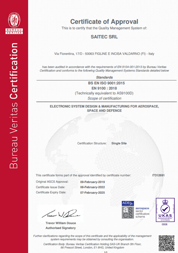 Attestato di Certificazione di Qualità EN9100-ISO9001 Aerospazio e Difesa
